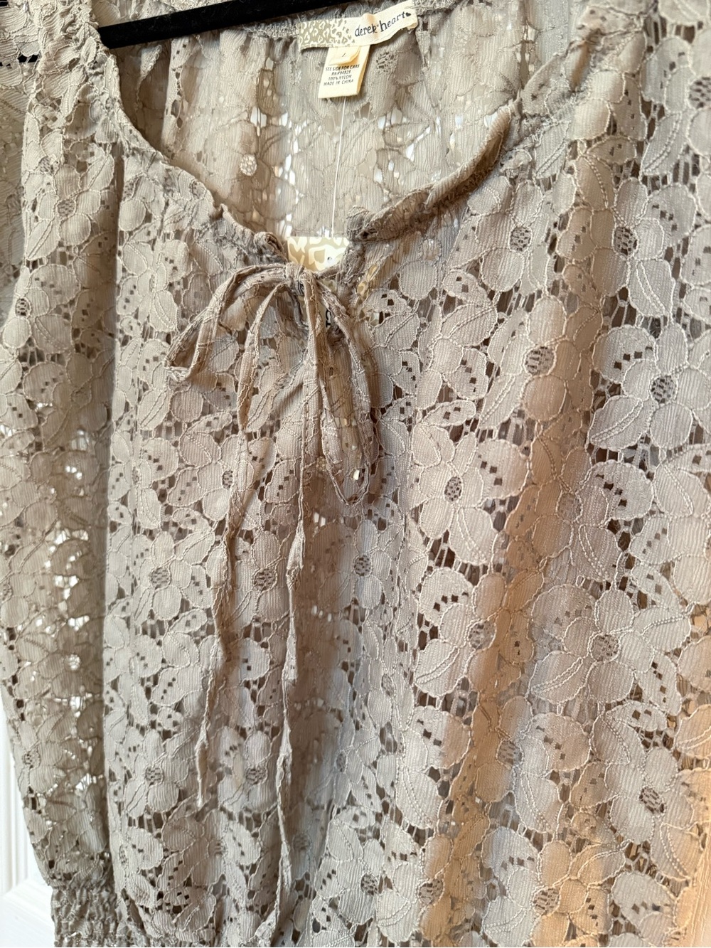 Derek Heart Lace Tie-Front Short Sleeve Top - Taupe - Picture 3 of 8